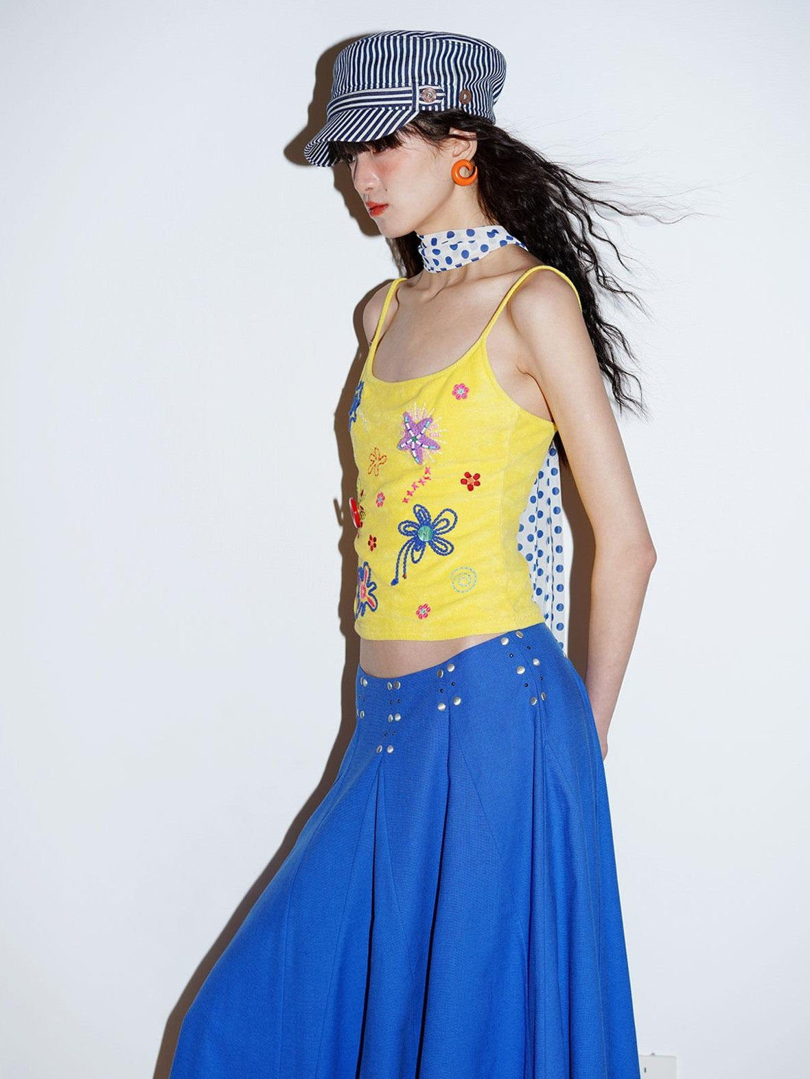 badtaste Colorblock Floral Rope Embroidery U Neck Women's Terry Knit Camisoles