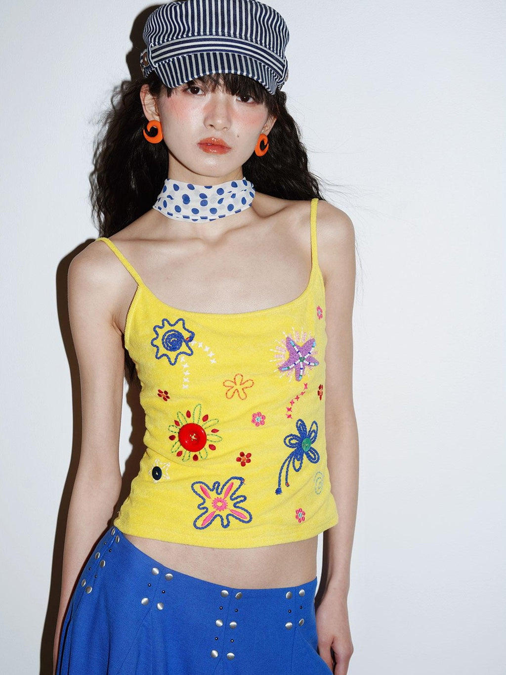 badtaste Colorblock Floral Rope Embroidery U Neck Women's Terry Knit Camisoles