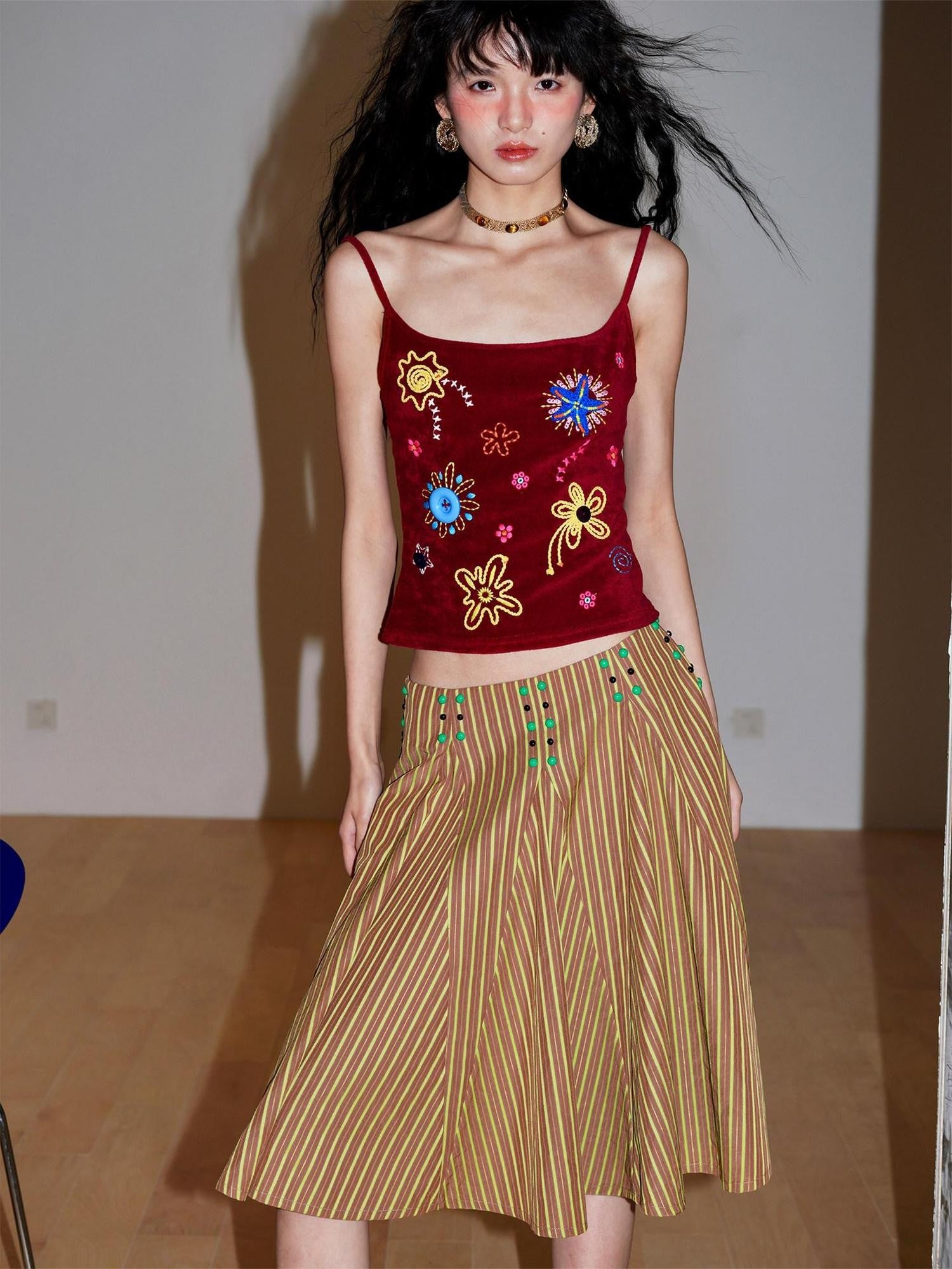 badtaste Colorblock Floral Rope Embroidery U Neck Women's Terry Knit Camisoles