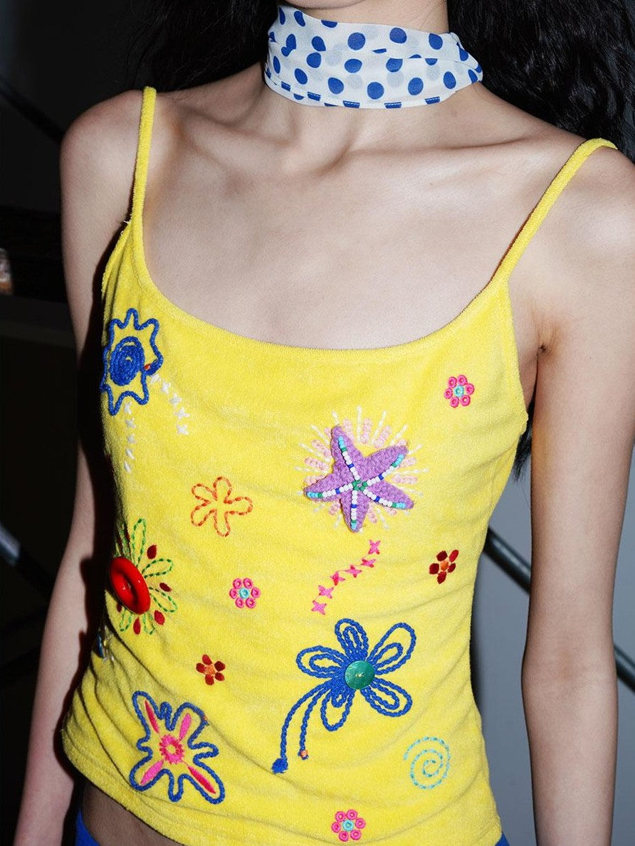 badtaste Colorblock Floral Rope Embroidery U Neck Women's Terry Knit Camisoles