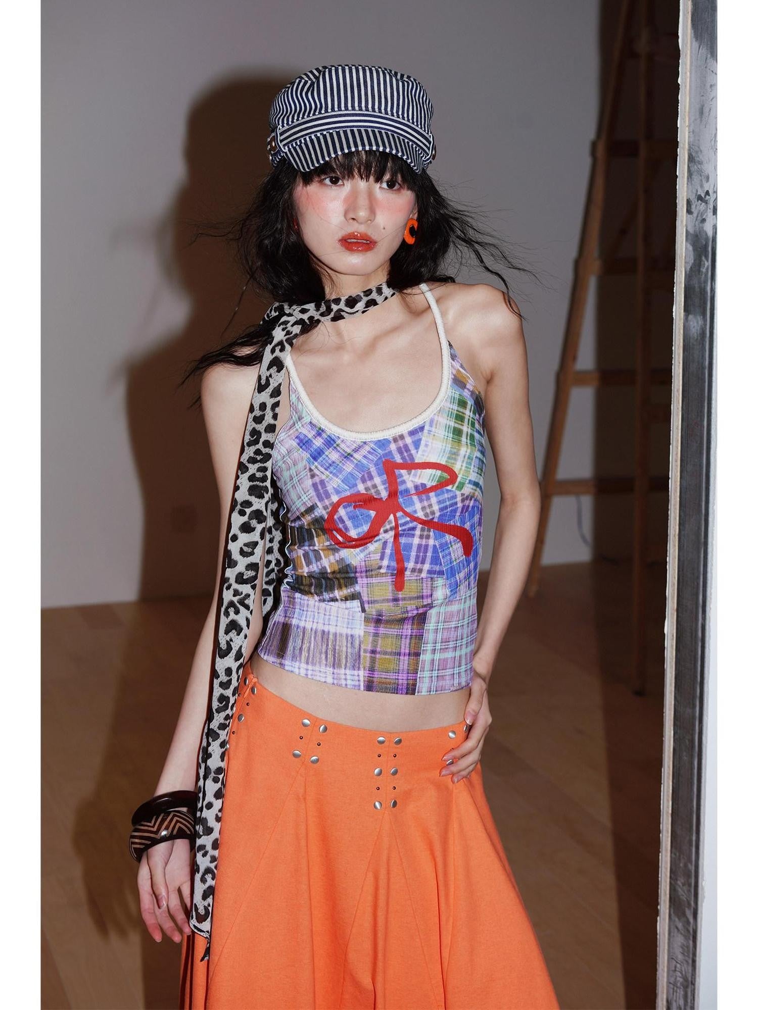 badtaste Colorblock Plaid Bow Print Slimming Round Neck Women's Halter Tops