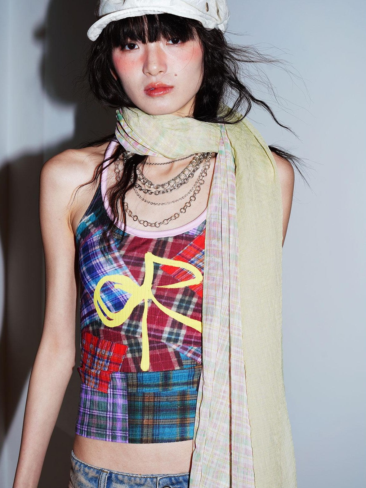 badtaste Colorblock Plaid Bow Print Slimming Round Neck Women's Halter Tops