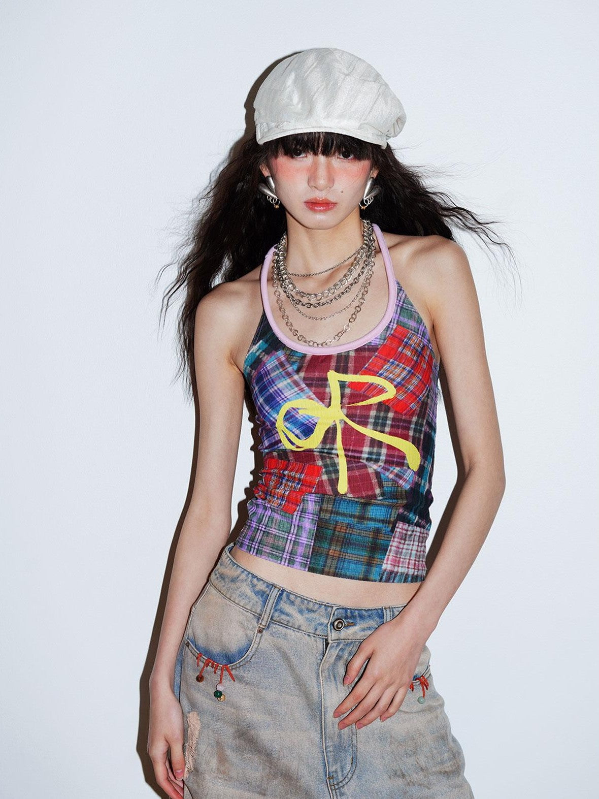 badtaste Colorblock Plaid Bow Print Slimming Round Neck Women's Halter Tops