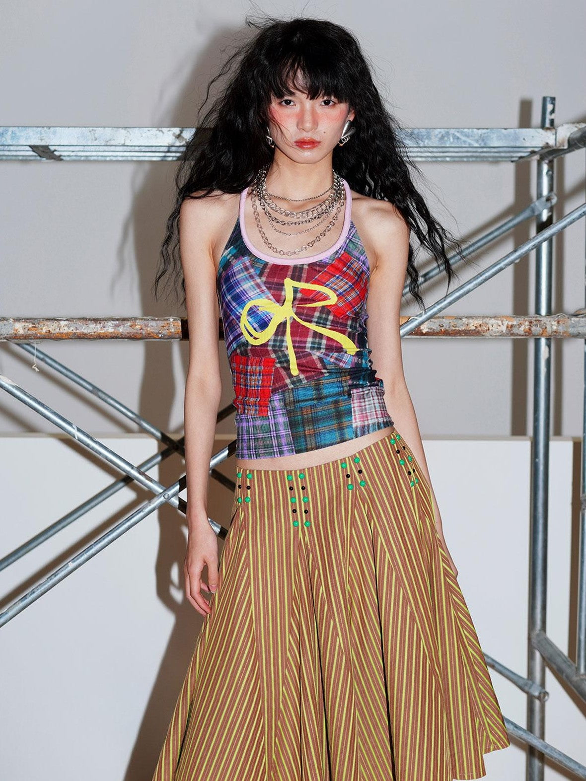 badtaste Colorblock Plaid Bow Print Slimming Round Neck Women's Halter Tops