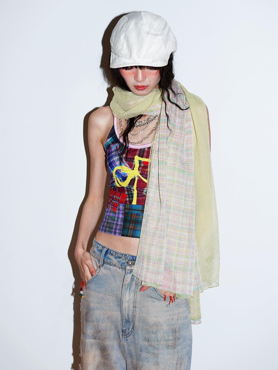 badtaste Colorblock Plaid Bow Print Slimming Round Neck Women's Halter Tops
