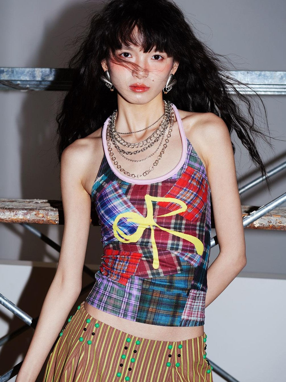 badtaste Colorblock Plaid Bow Print Slimming Round Neck Women's Halter Tops