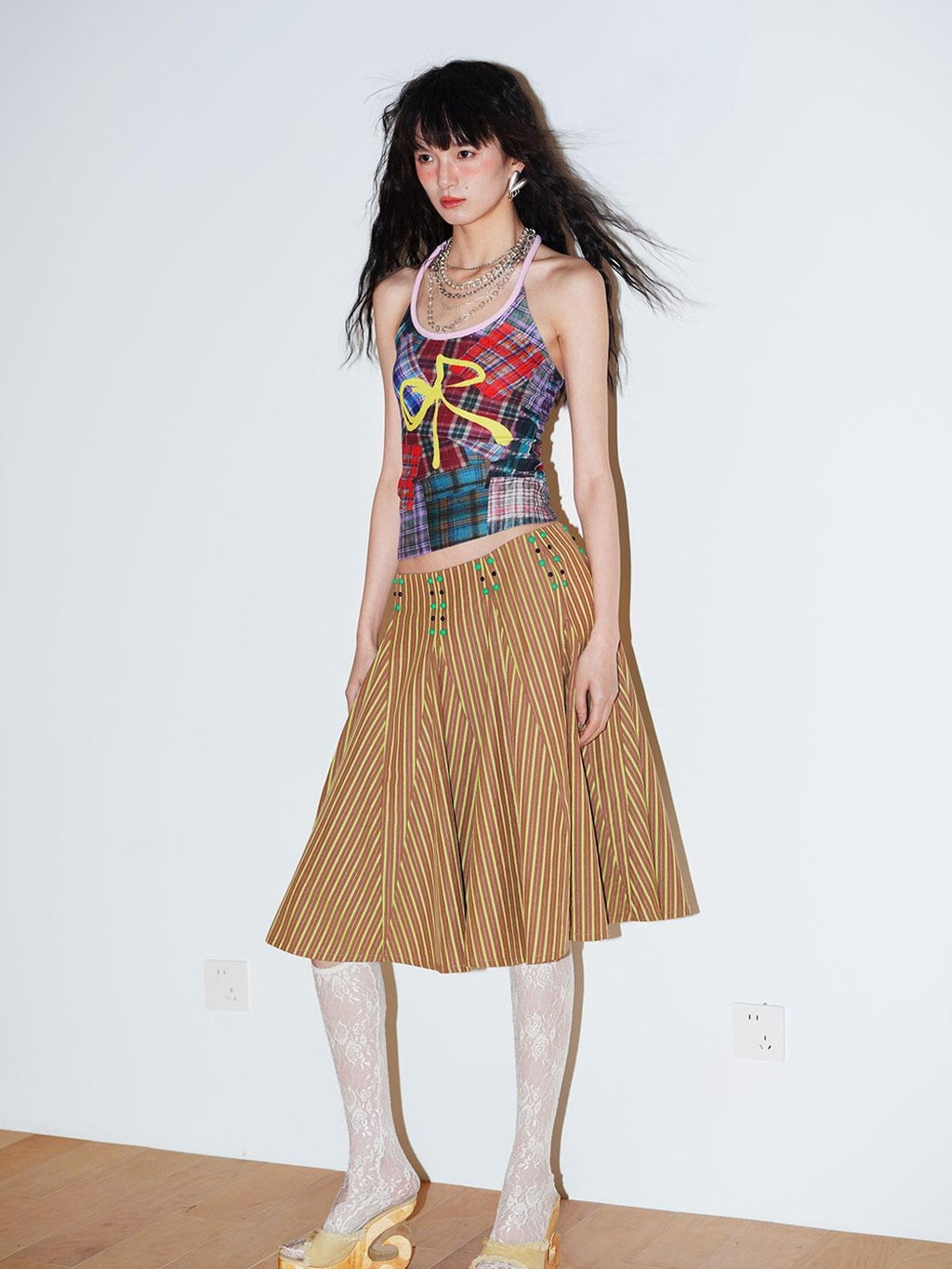 badtaste Colorblock Plaid Bow Print Slimming Round Neck Women's Halter Tops