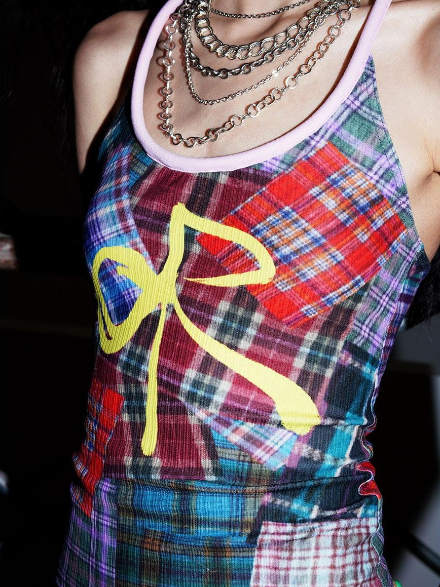 badtaste Colorblock Plaid Bow Print Slimming Round Neck Women's Halter Tops