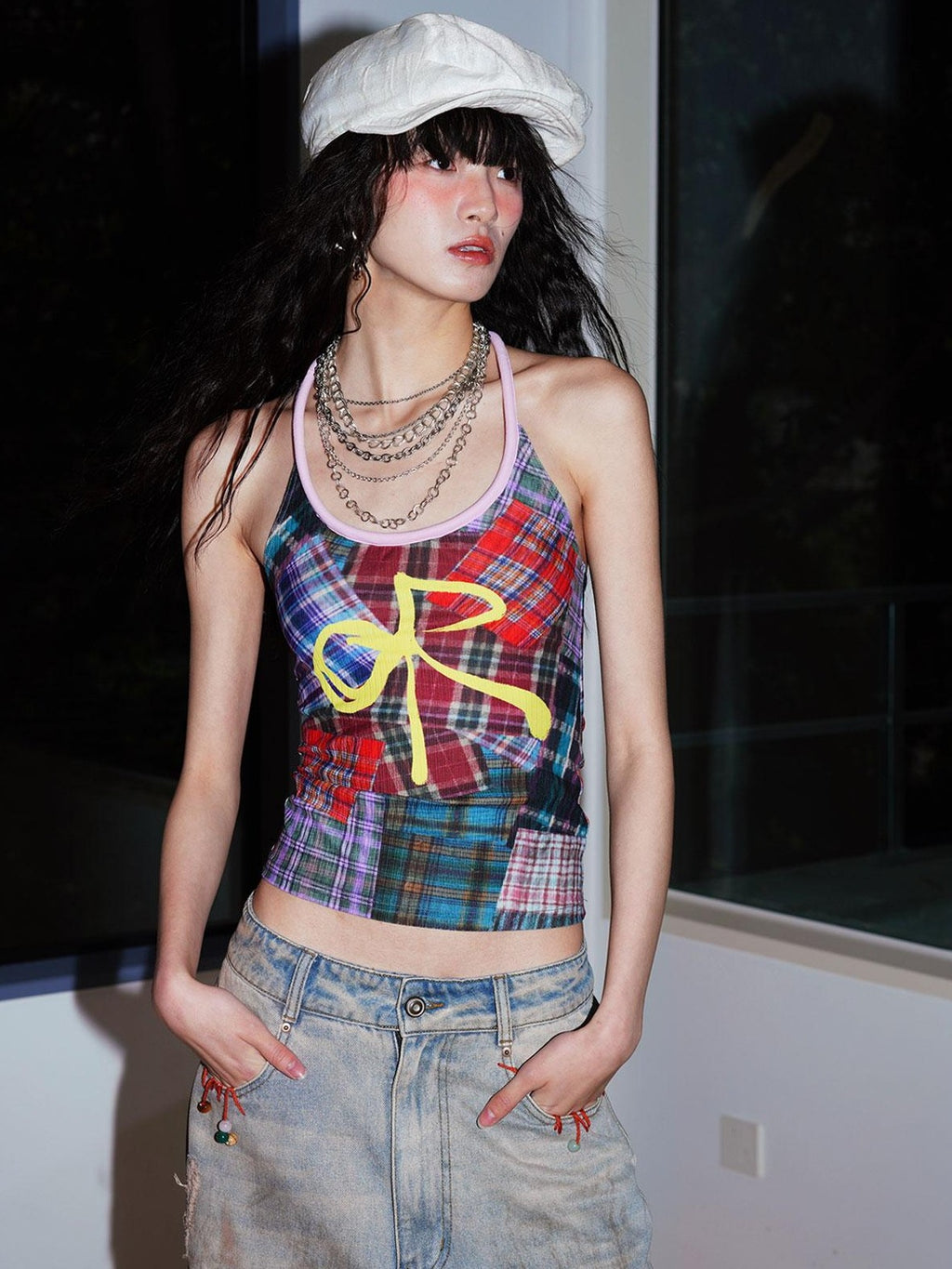badtaste Colorblock Plaid Bow Print Slimming Round Neck Women's Halter Tops