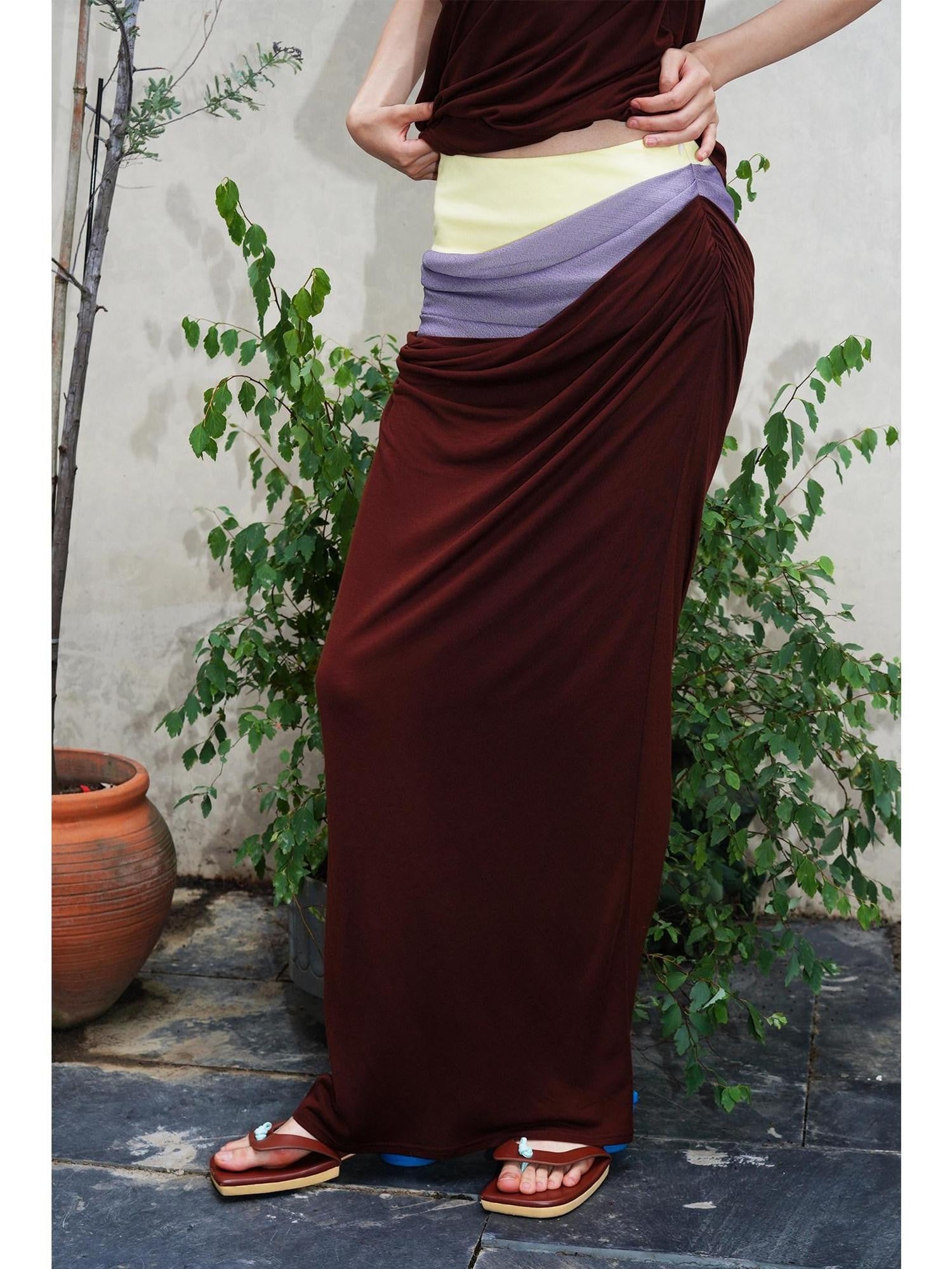 badtaste Colorblock Sculptural Pleated A Line Low Waist Women's Maxi Skirts