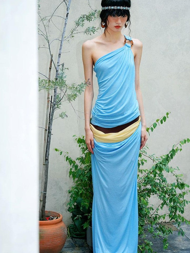 badtaste Colorblock Sculptural Pleated A Line Low Waist Women's Maxi Skirts