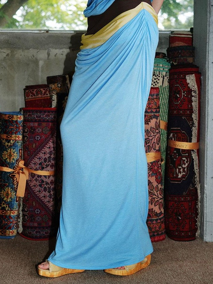 badtaste Colorblock Sculptural Pleated A Line Low Waist Women's Maxi Skirts