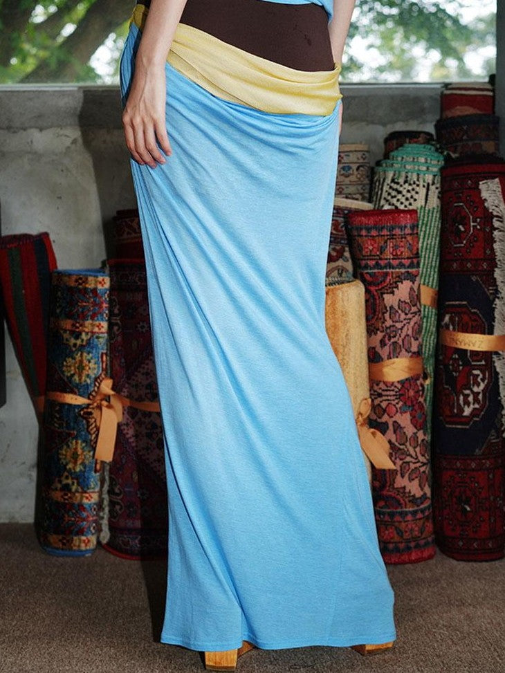 badtaste Colorblock Sculptural Pleated A Line Low Waist Women's Maxi Skirts