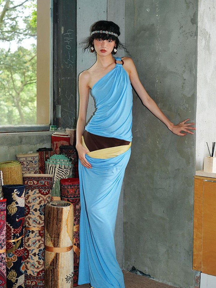 badtaste Colorblock Sculptural Pleated A Line Low Waist Women's Maxi Skirts