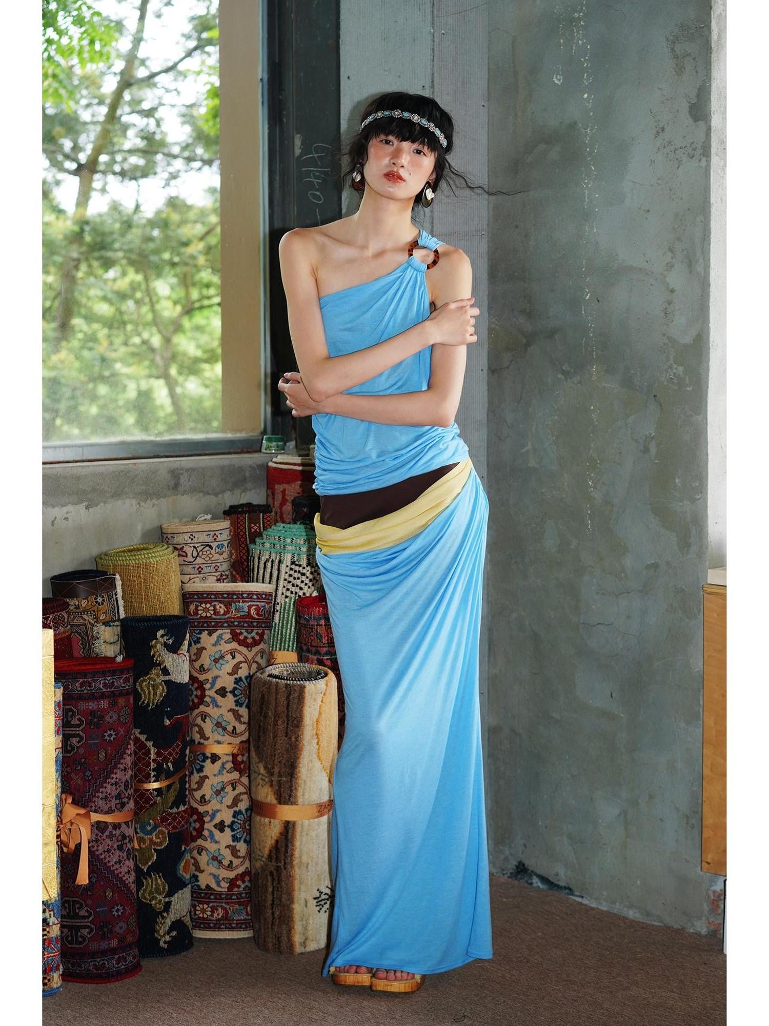 badtaste Colorblock Sculptural Pleated A Line Low Waist Women's Maxi Skirts