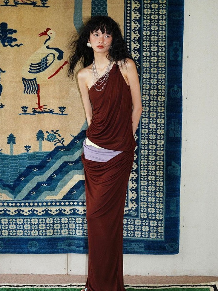 badtaste Colorblock Sculptural Pleated A Line Low Waist Women's Maxi Skirts