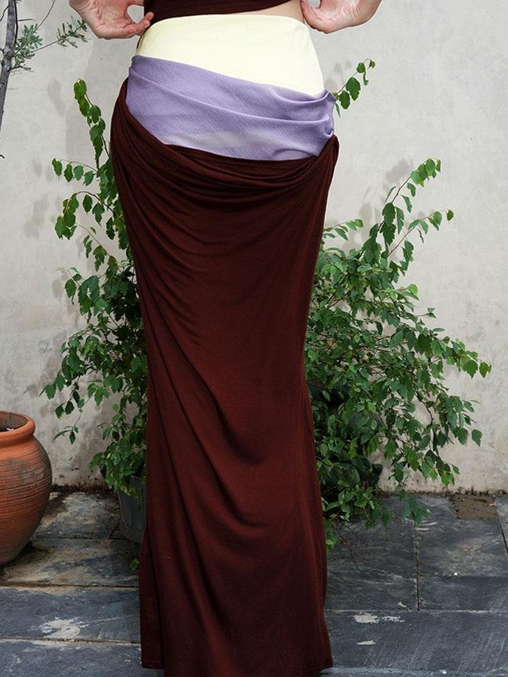 badtaste Colorblock Sculptural Pleated A Line Low Waist Women's Maxi Skirts