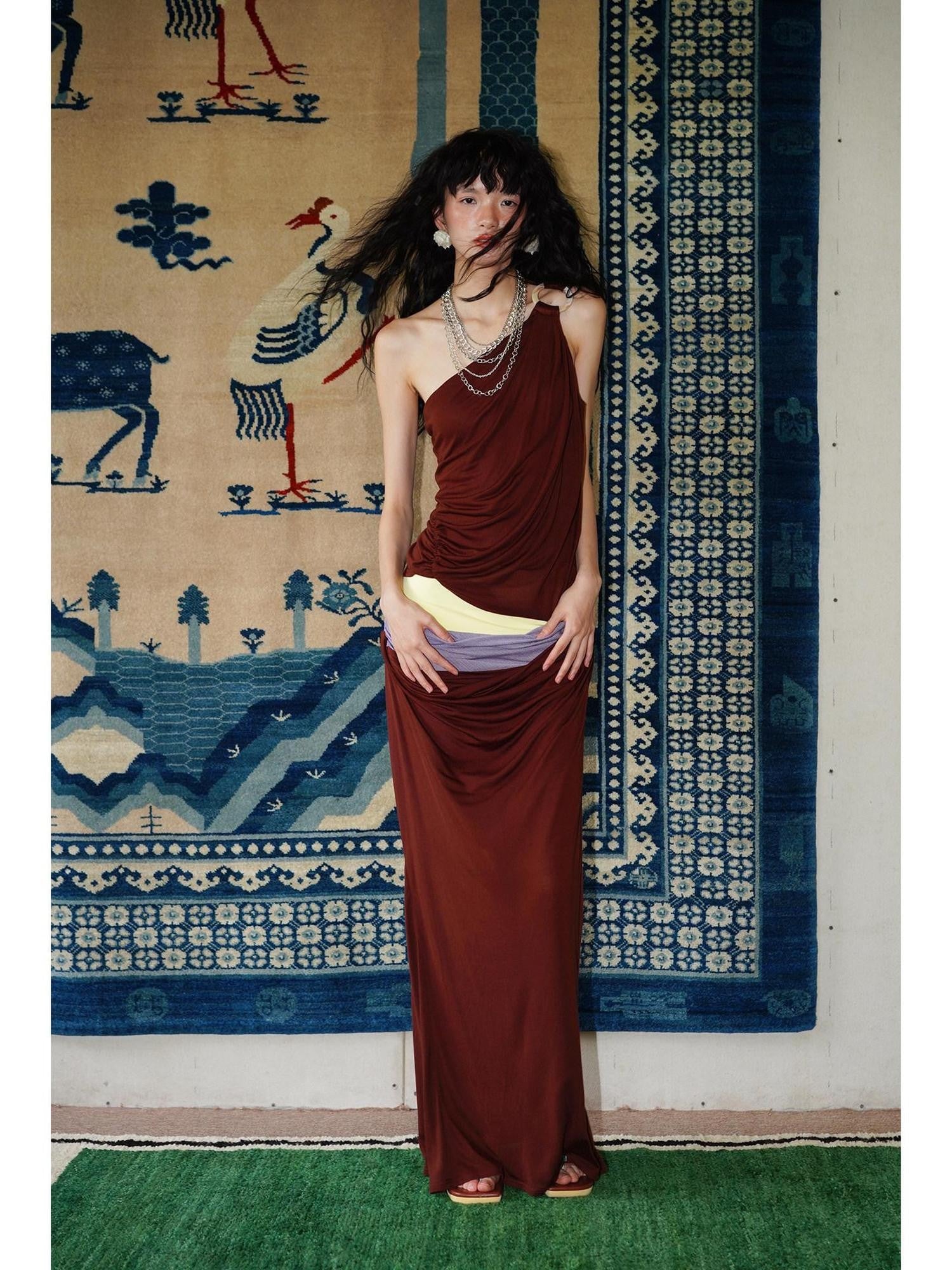 badtaste Colorblock Sculptural Pleated A Line Low Waist Women's Maxi Skirts