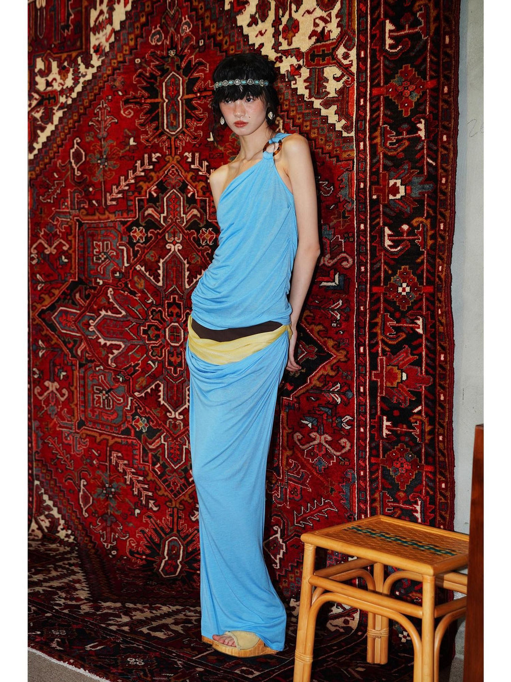 badtaste Colorblock Sculptural Pleated A Line Low Waist Women's Maxi Skirts