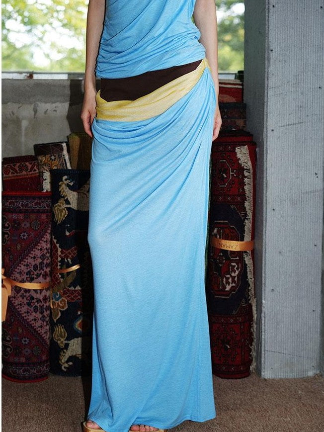 badtaste Colorblock Sculptural Pleated A Line Low Waist Women's Maxi Skirts