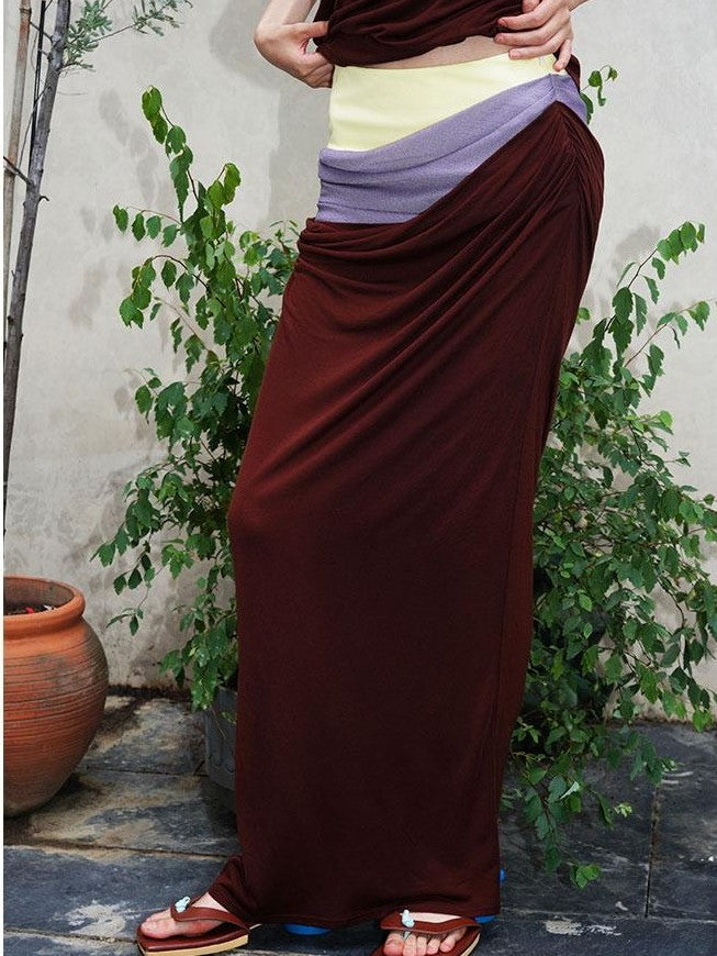badtaste Colorblock Sculptural Pleated A Line Low Waist Women's Maxi Skirts