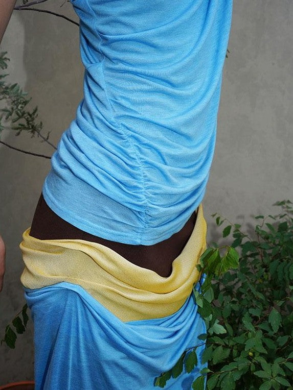 badtaste Colorblock Sculptural Pleated A Line Low Waist Women's Maxi Skirts