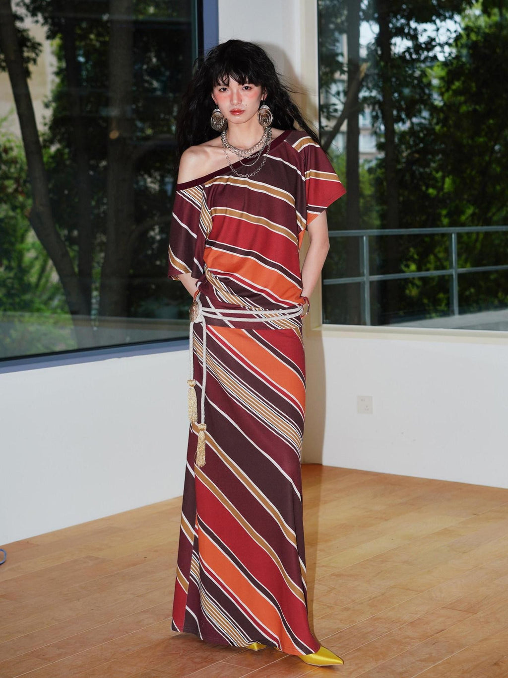 badtaste Colorblock Striped Loose Asymmetric Shoulder Women's Casual Maxi Dresses