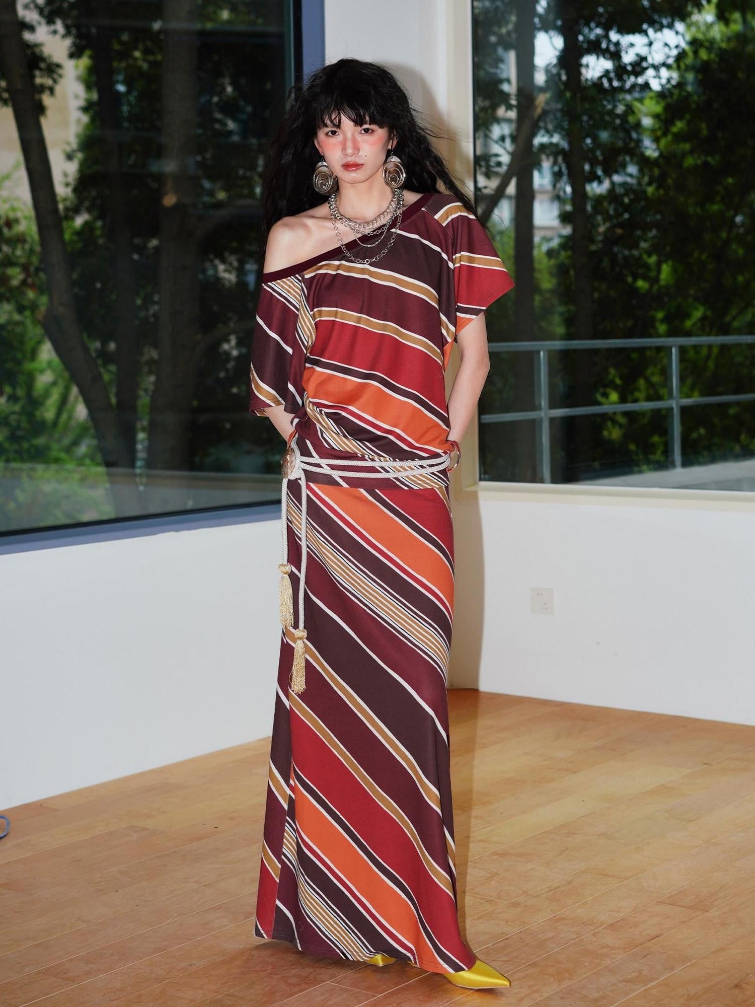badtaste Colorblock Striped Loose Asymmetric Shoulder Women's Casual Maxi Dresses