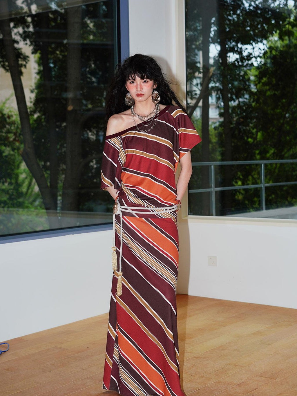 badtaste Colorblock Striped Loose Asymmetric Shoulder Women's Casual Maxi Dresses