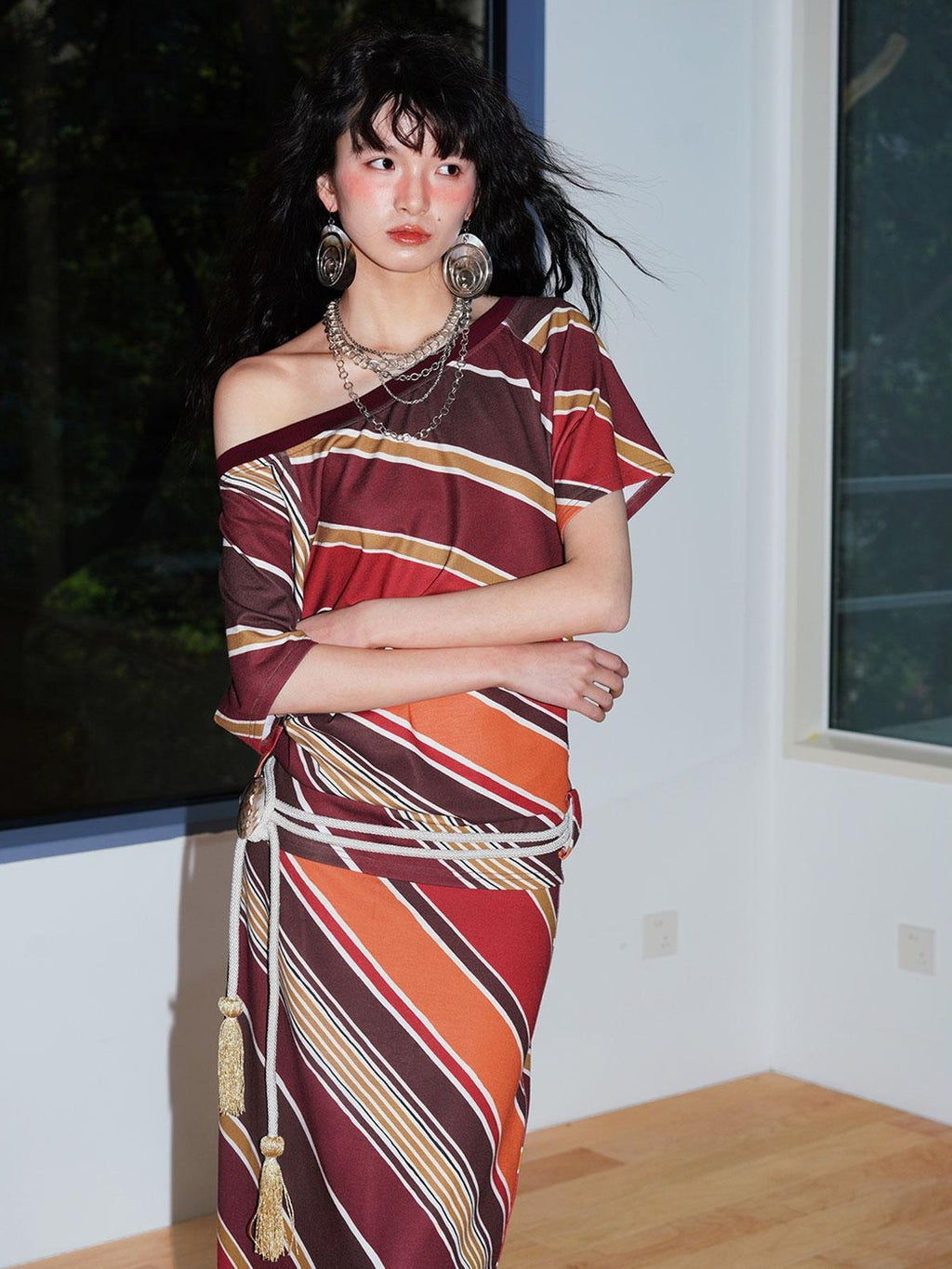 badtaste Colorblock Striped Loose Asymmetric Shoulder Women's Casual Maxi Dresses