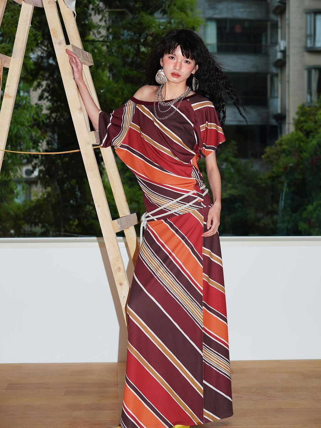 badtaste Colorblock Striped Loose Asymmetric Shoulder Women's Casual Maxi Dresses