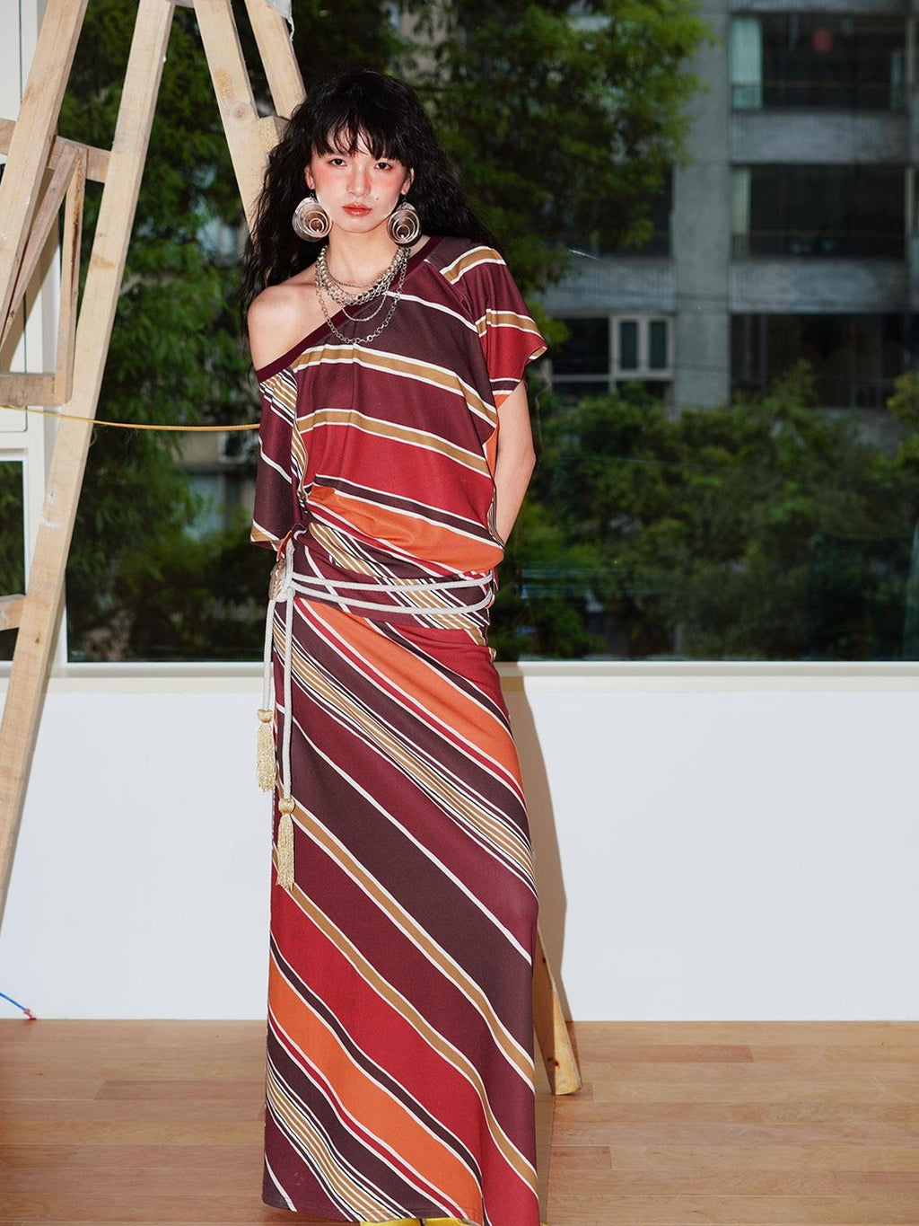 badtaste Colorblock Striped Loose Asymmetric Shoulder Women's Casual Maxi Dresses