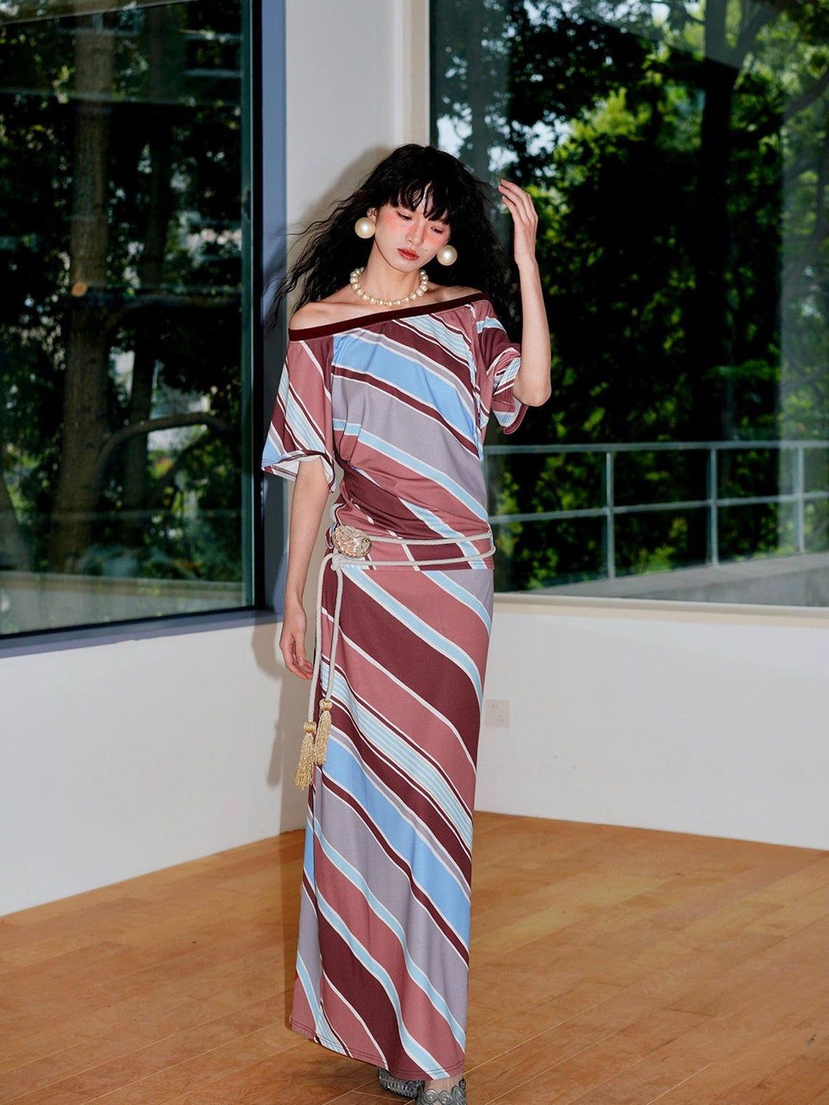 badtaste Colorblock Striped Loose Asymmetric Shoulder Women's Casual Maxi Dresses