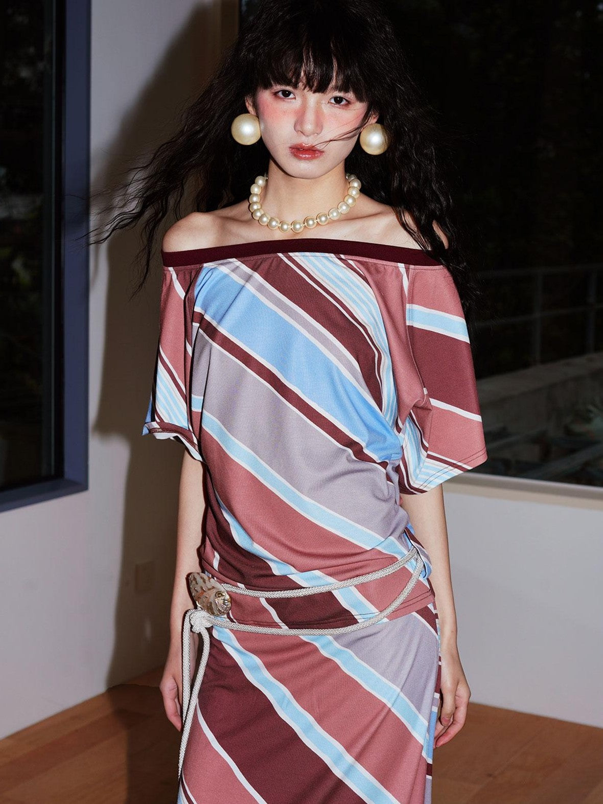 badtaste Colorblock Striped Loose Asymmetric Shoulder Women's Casual Maxi Dresses