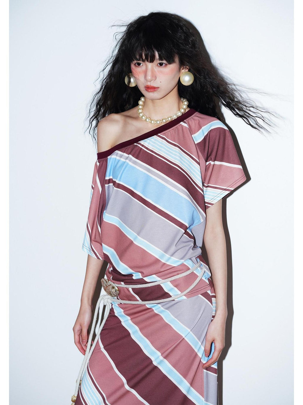 badtaste Colorblock Striped Loose Asymmetric Shoulder Women's Casual Maxi Dresses
