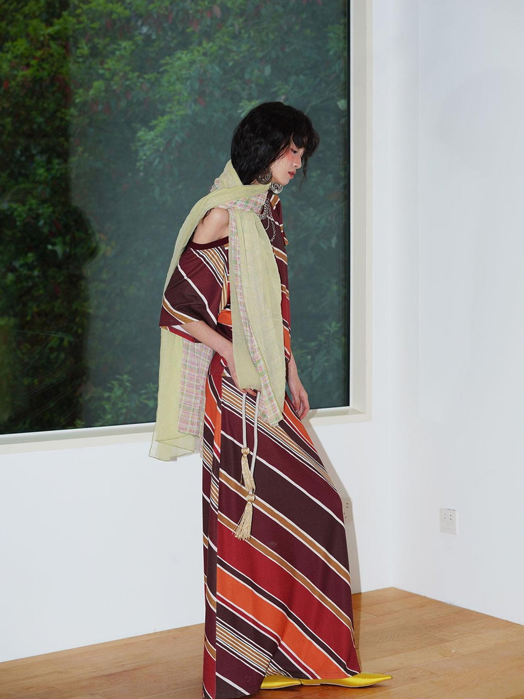 badtaste Colorblock Striped Loose Asymmetric Shoulder Women's Casual Maxi Dresses