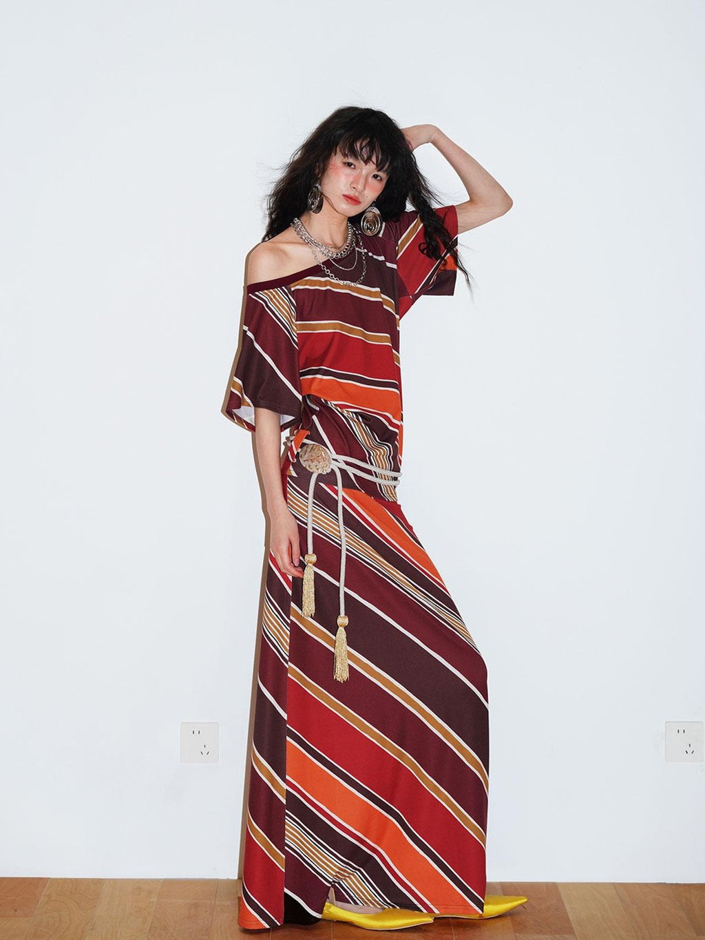 badtaste Colorblock Striped Loose Asymmetric Shoulder Women's Casual Maxi Dresses