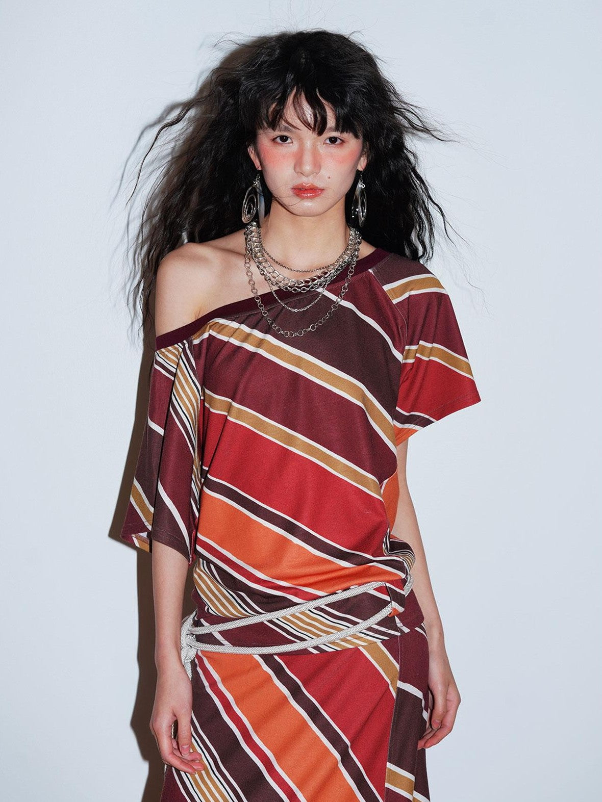badtaste Colorblock Striped Loose Asymmetric Shoulder Women's Casual Maxi Dresses
