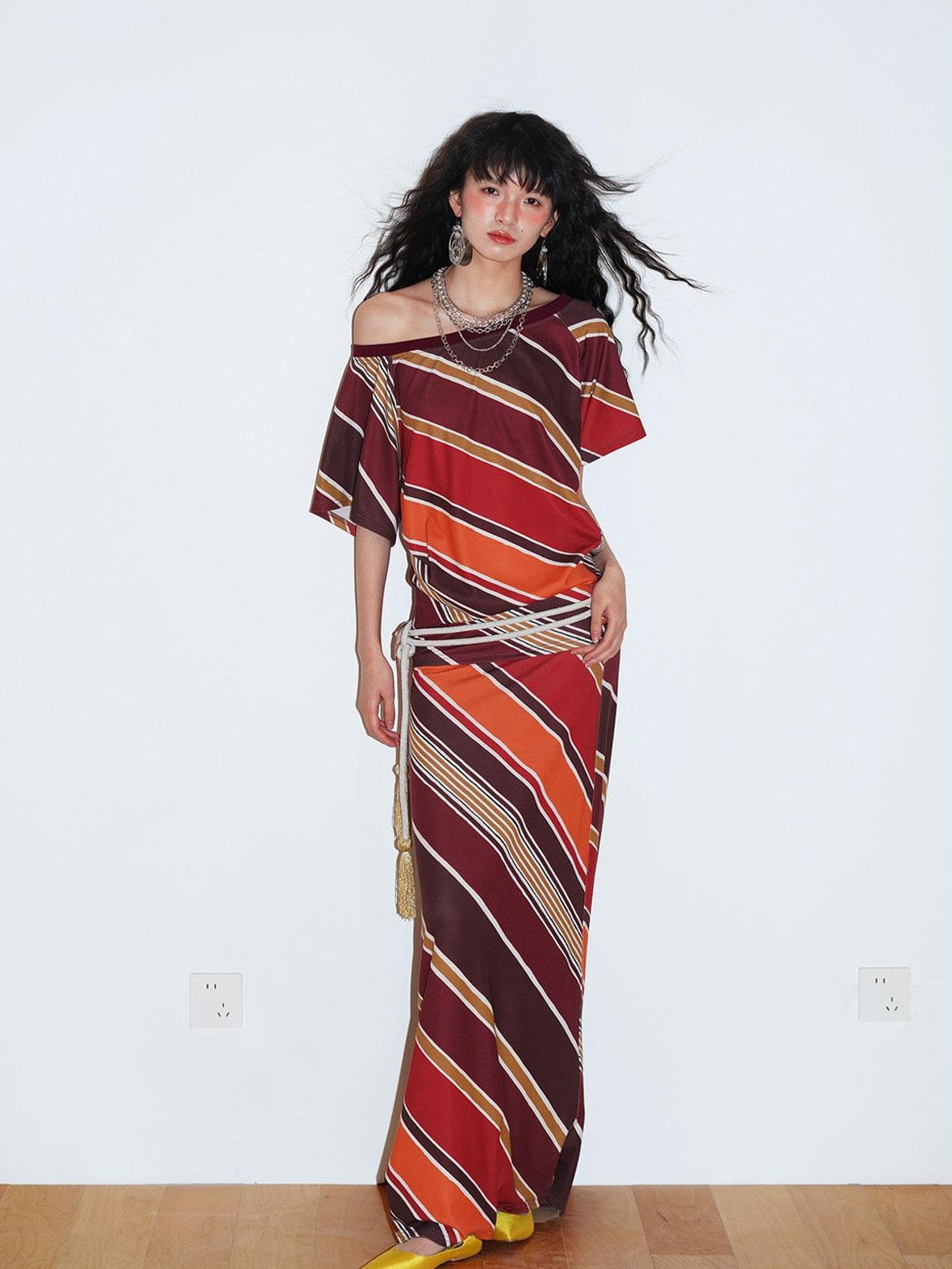badtaste Colorblock Striped Loose Asymmetric Shoulder Women's Casual Maxi Dresses