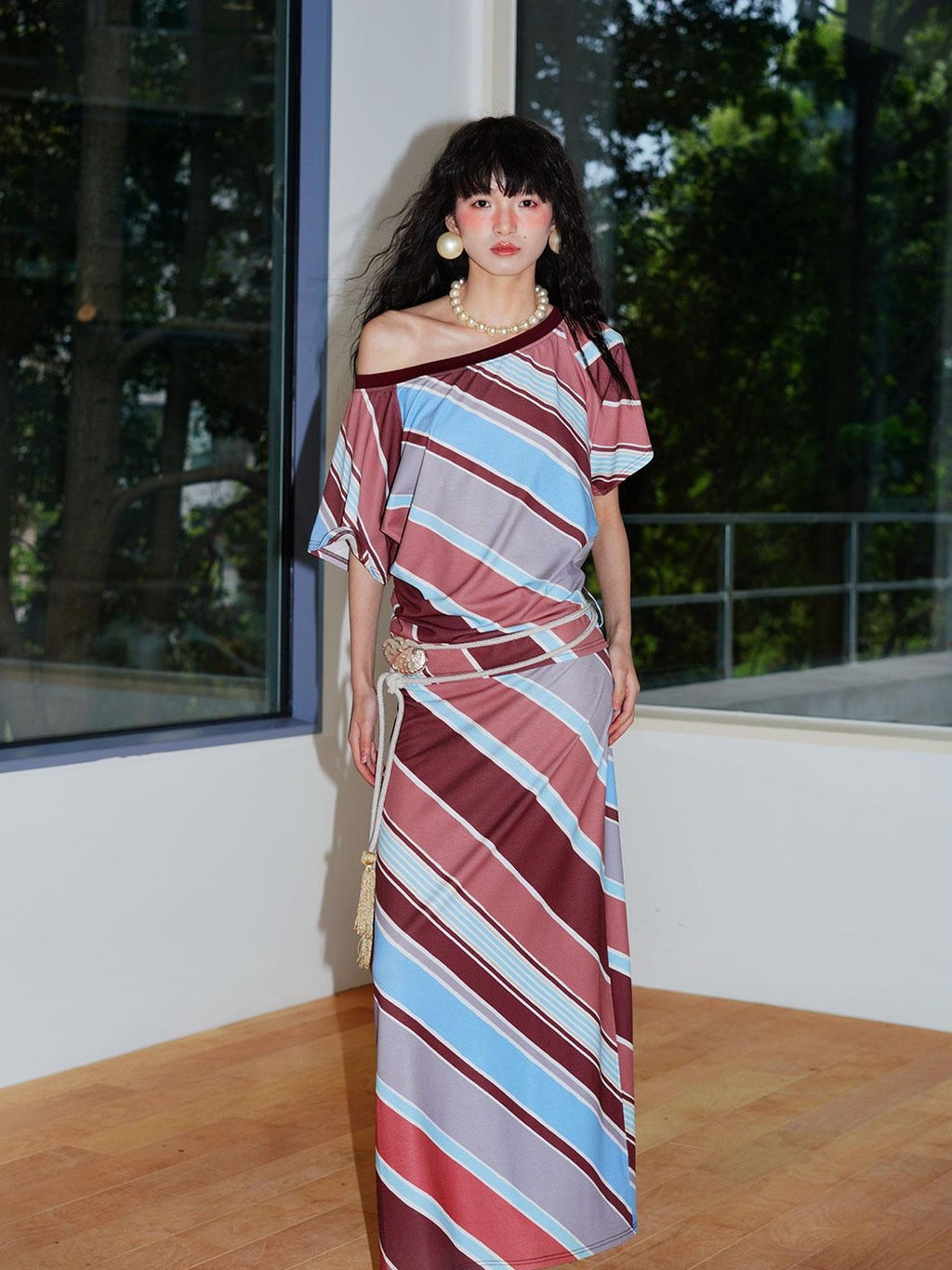 badtaste Colorblock Striped Loose Asymmetric Shoulder Women's Casual Maxi Dresses
