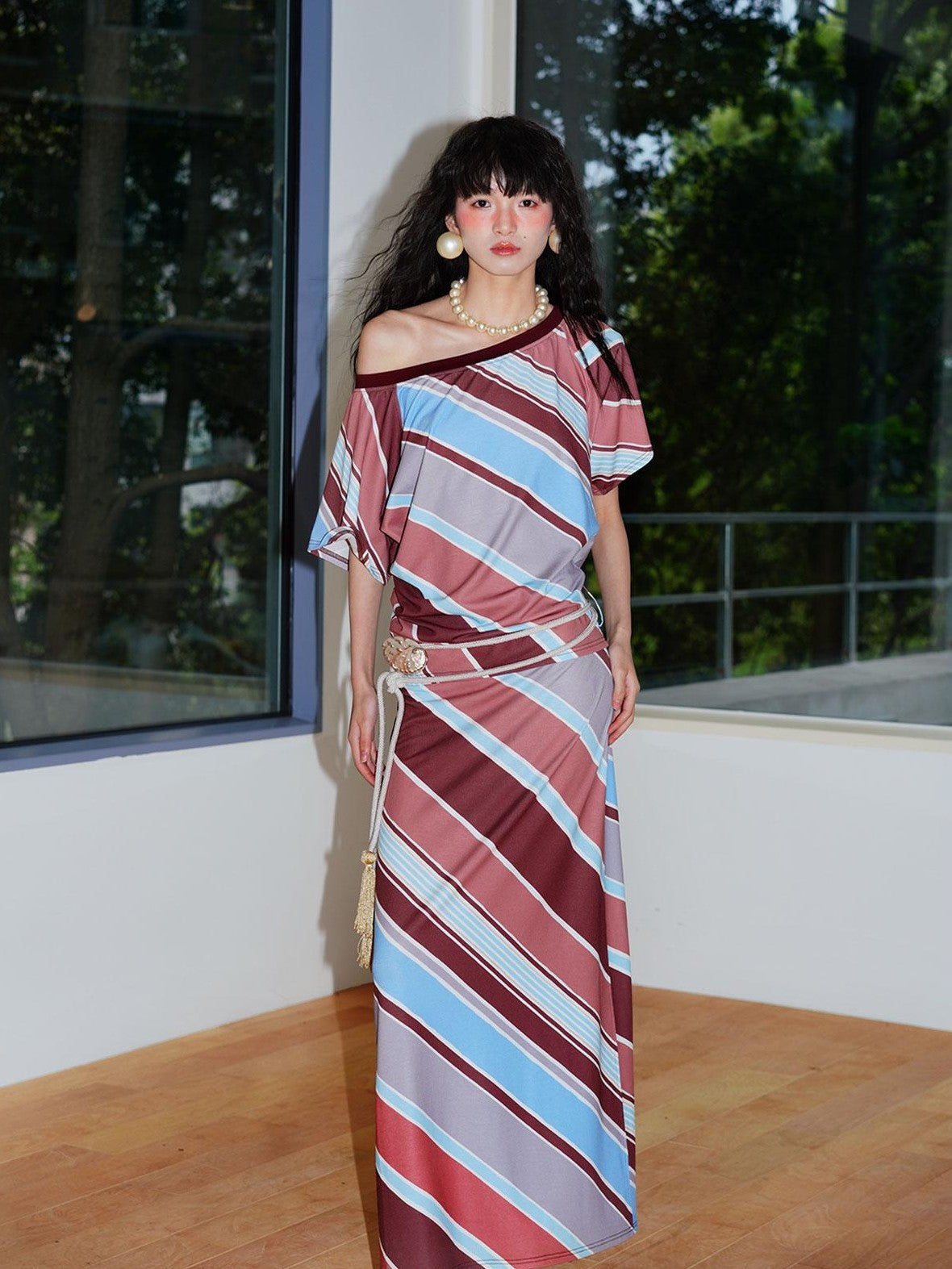 badtaste Colorblock Striped Loose Asymmetric Shoulder Women's Casual Maxi Dresses