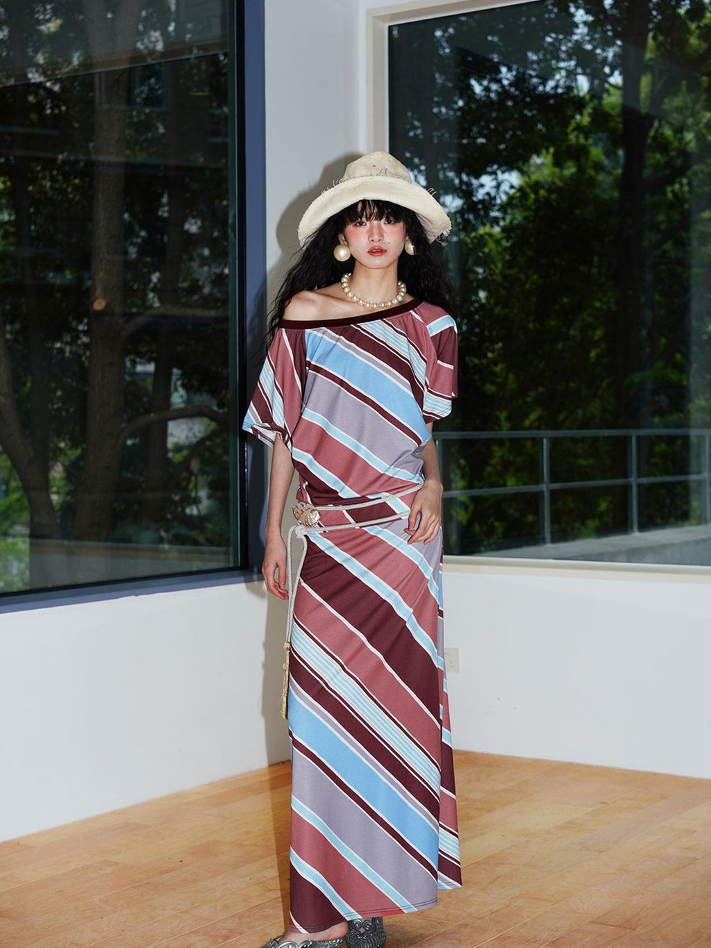 badtaste Colorblock Striped Loose Asymmetric Shoulder Women's Casual Maxi Dresses