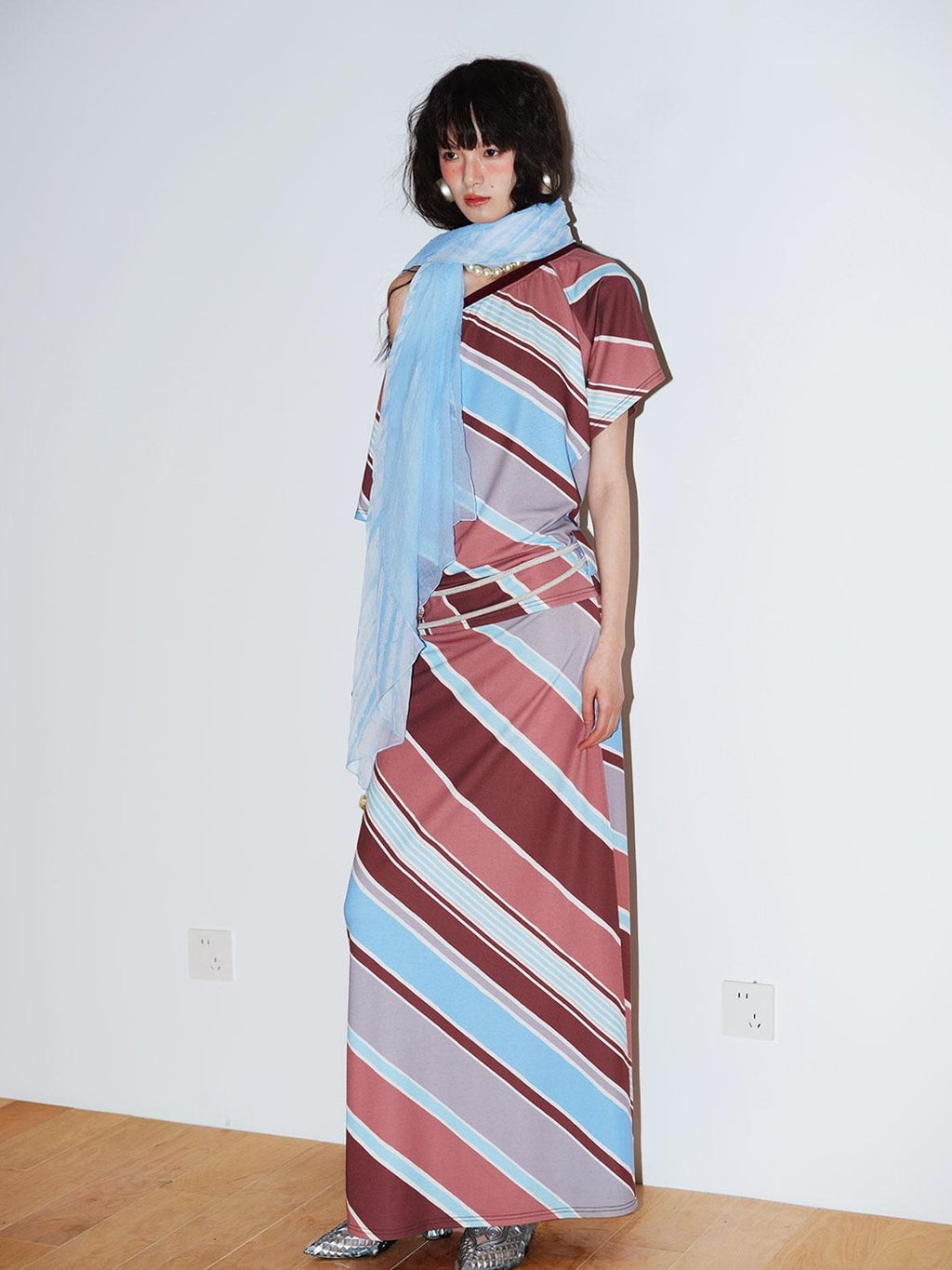 badtaste Colorblock Striped Loose Asymmetric Shoulder Women's Casual Maxi Dresses