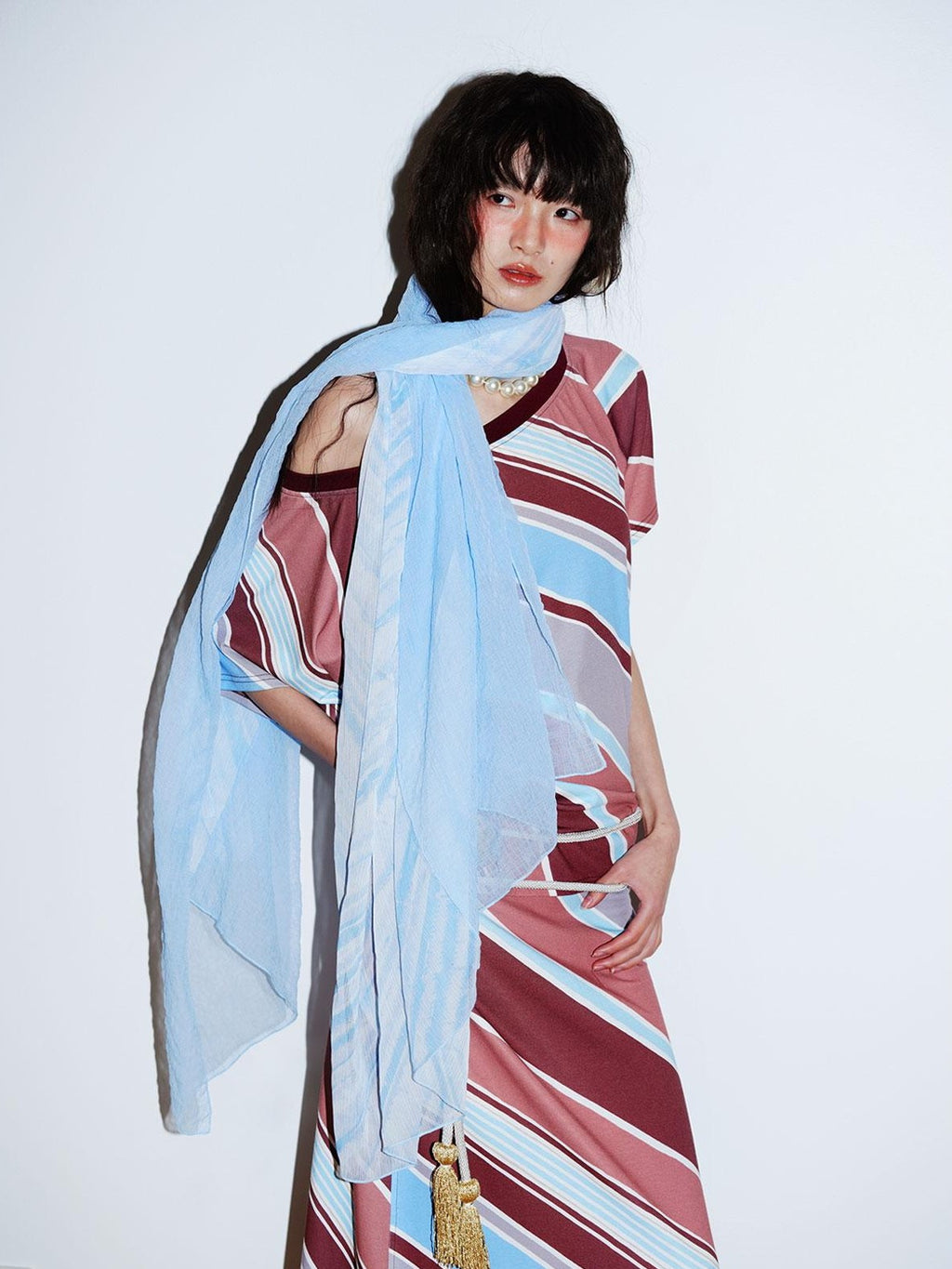 badtaste Colorblock Striped Loose Asymmetric Shoulder Women's Casual Maxi Dresses