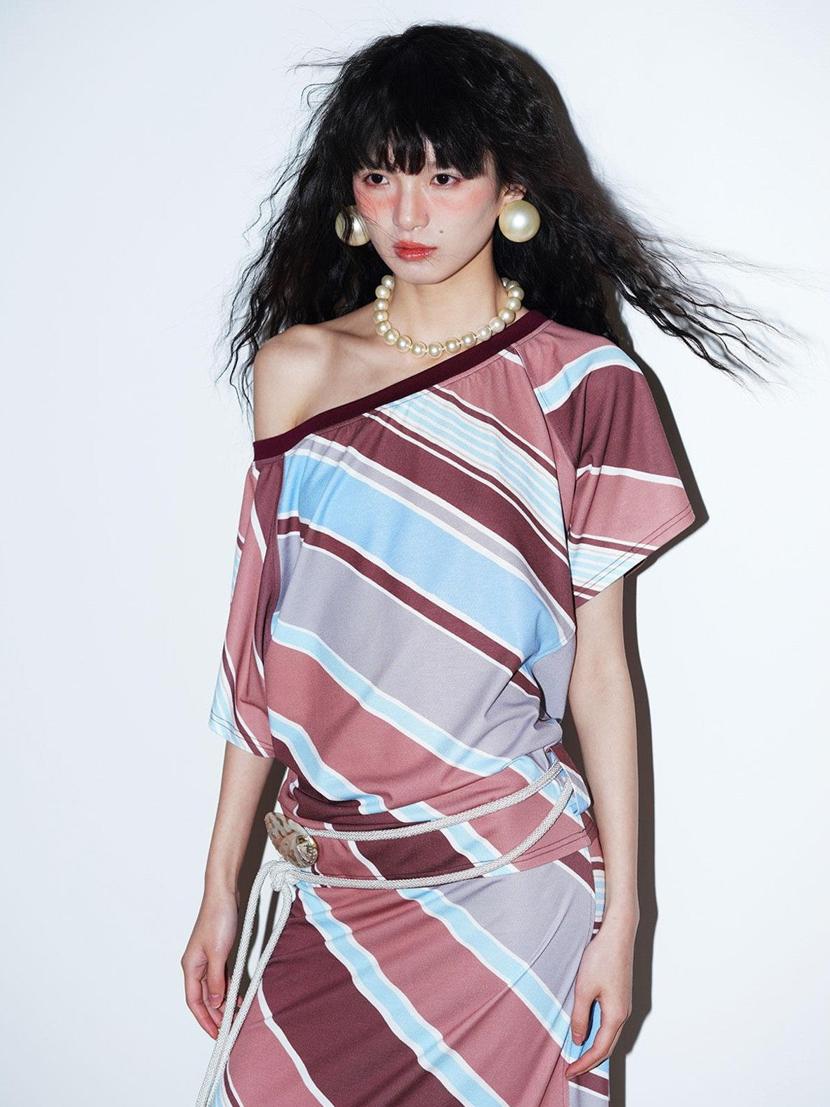 badtaste Colorblock Striped Loose Asymmetric Shoulder Women's Casual Maxi Dresses