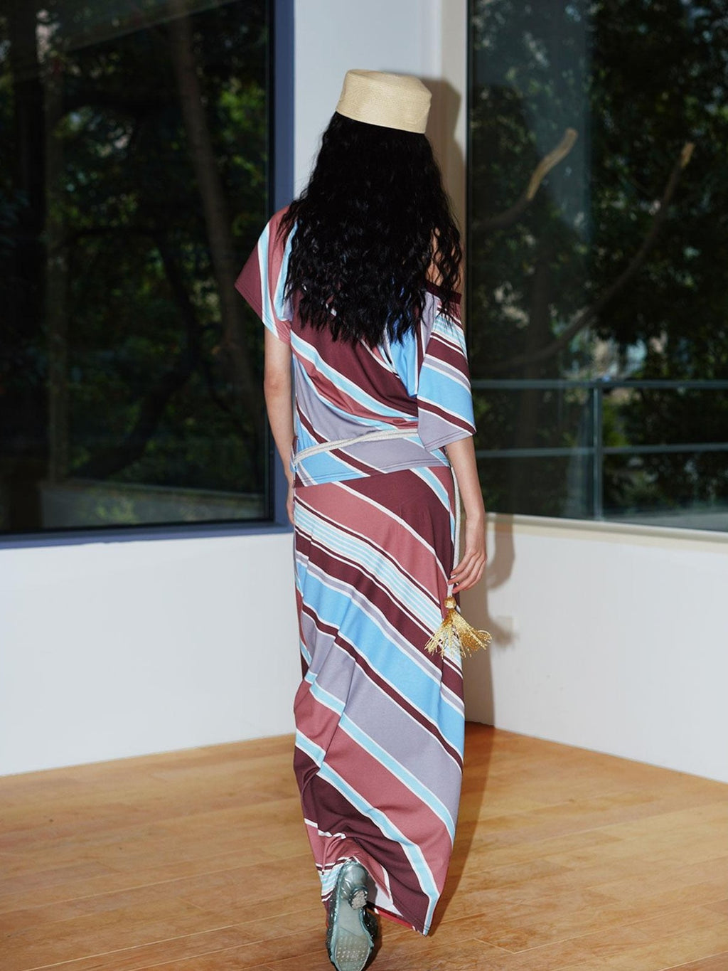 badtaste Colorblock Striped Loose Asymmetric Shoulder Women's Casual Maxi Dresses