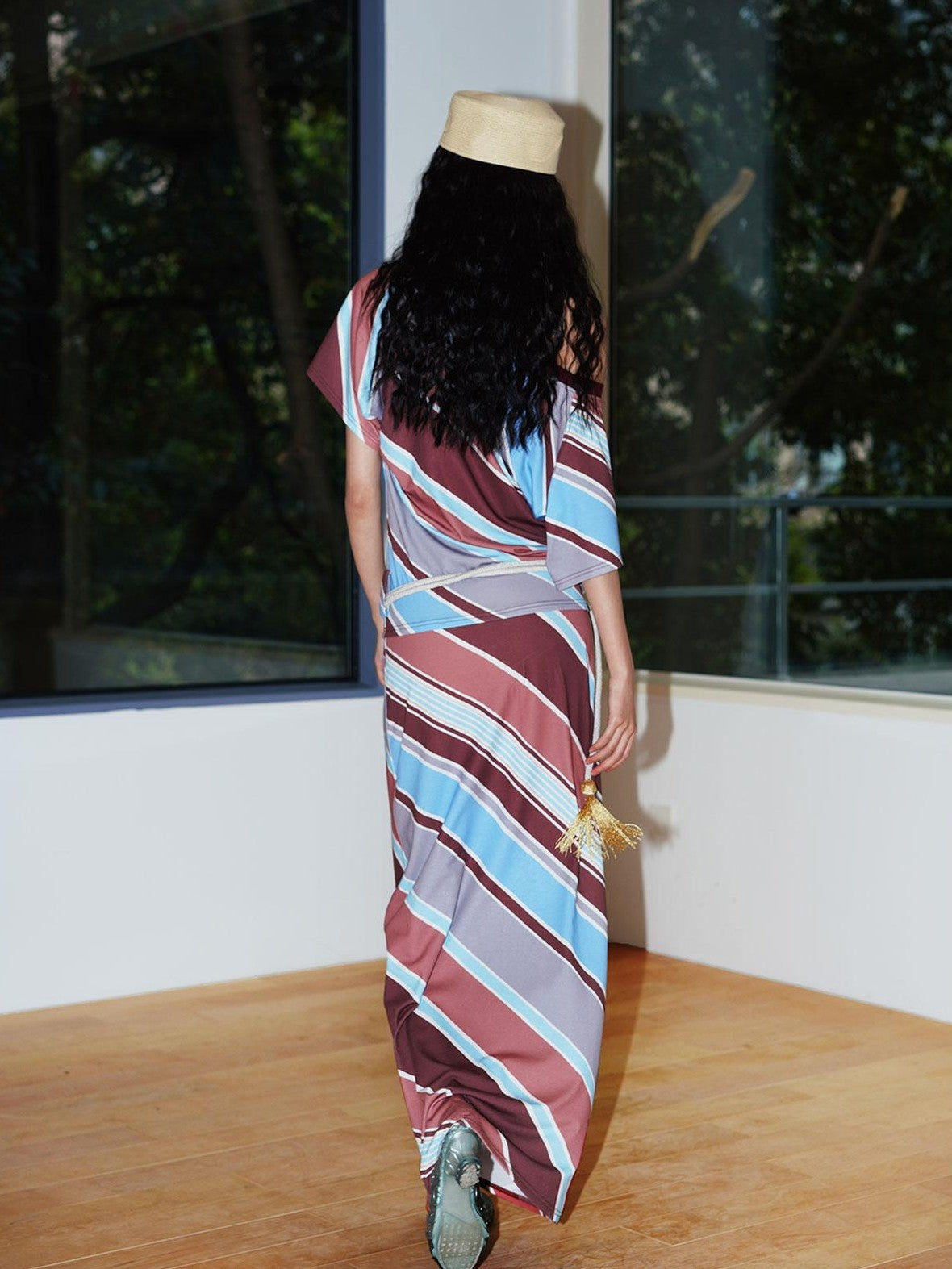 badtaste Colorblock Striped Loose Asymmetric Shoulder Women's Casual Maxi Dresses