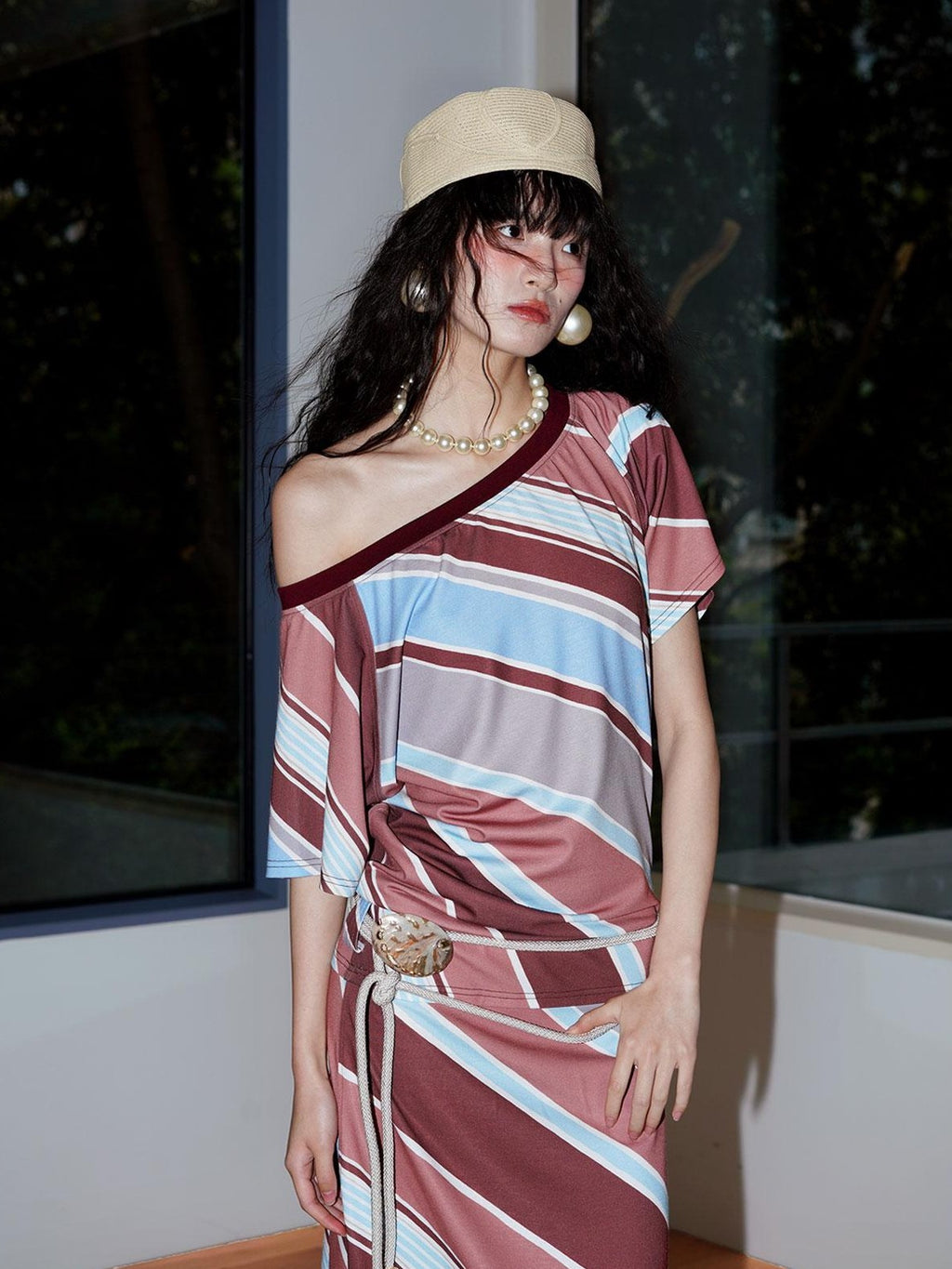 badtaste Colorblock Striped Loose Asymmetric Shoulder Women's Casual Maxi Dresses