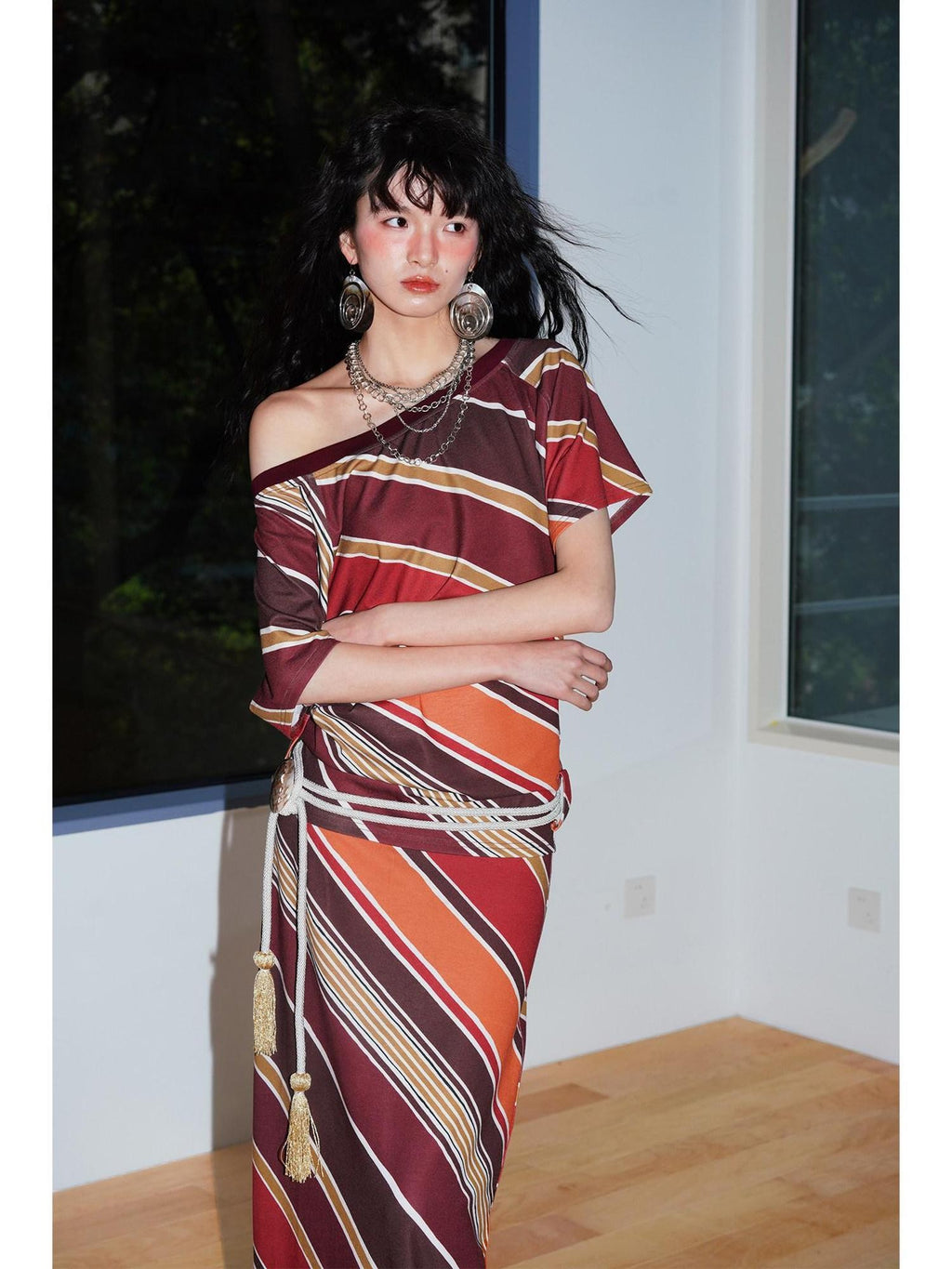 badtaste Colorblock Striped Loose Asymmetric Shoulder Women's Casual Maxi Dresses