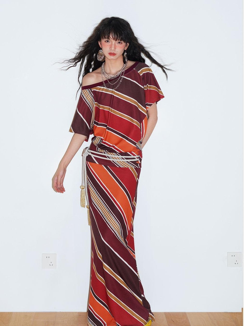 badtaste Colorblock Striped Loose Asymmetric Shoulder Women's Casual Maxi Dresses